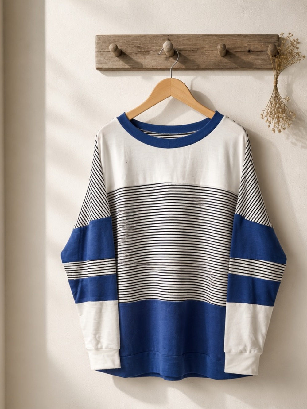Source Unknown Blue, White & Black Striped Men's Crewneck Sweater
